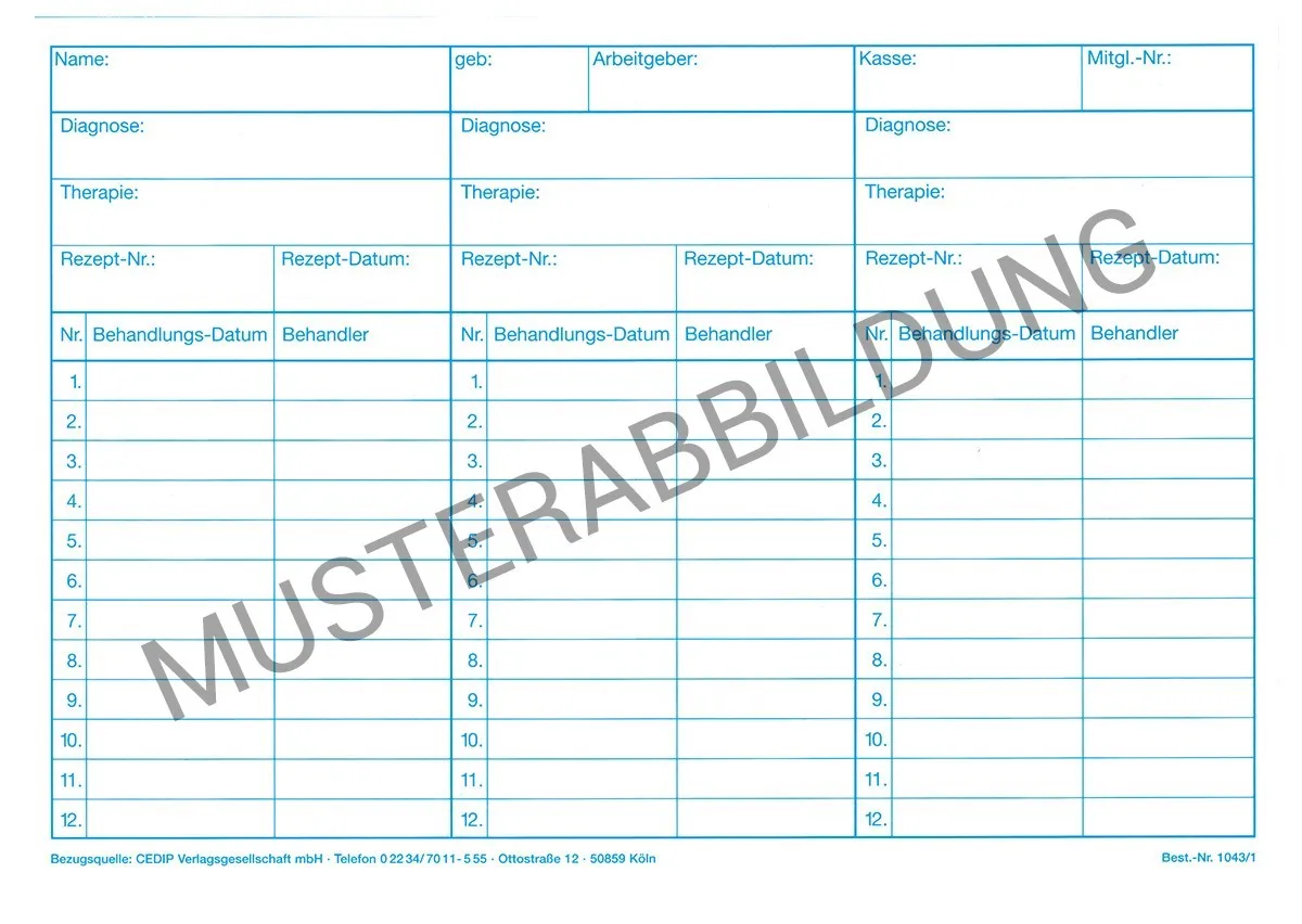 Einlegekarten für Physiotherapeuten, Version 1, im Format DIN A5. Diese beidseitig liniert gestalteten Karten bieten viel Platz für die umfassende Dokumentation von Patientendaten und sind in einer Verpackungseinheit von 500 Stück erhältlich.