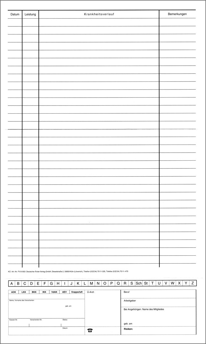 Karteimappe mit Alphabetleiste und Personalienfeld für die eGK, im offenen Format 21 x 36 cm, ideal zur Organisation von Patientendaten in Arztpraxen.