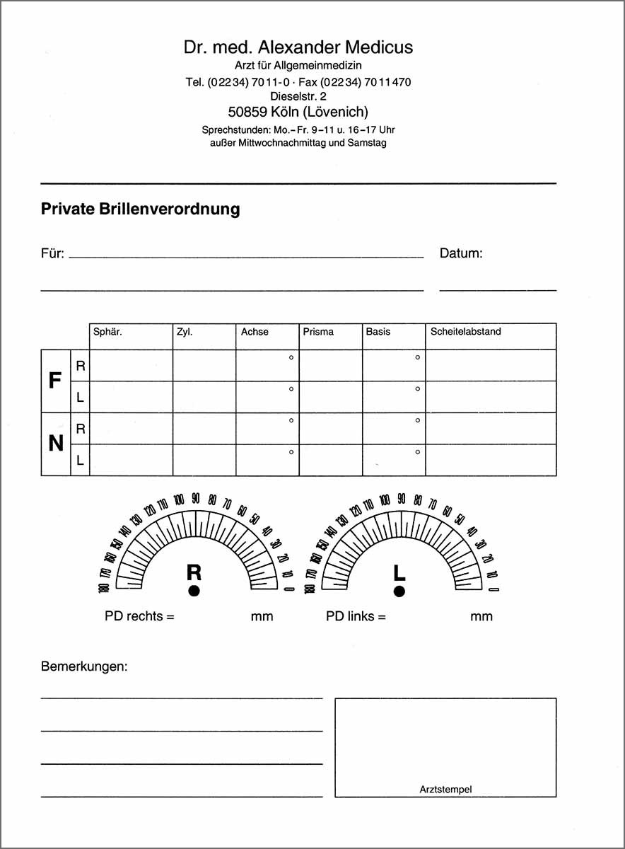 Die Privat-Brillenrezepte im Format DIN A5 hoch sind als praktischer Abreißblock gestaltet und bieten einen Vordruck für eine einfache Handhabung. Jede Seite ist einseitig schwarz bedruckt und besteht aus hochwertigem 80 g Qualitätspapier in Weiß.