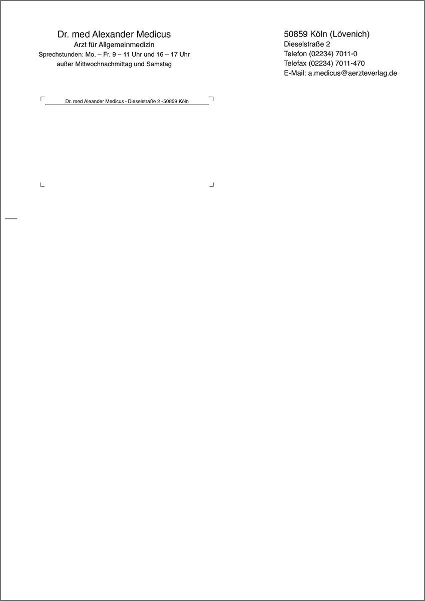 Die klassischen, weißen Briefbögen im Format A4 hoch sind ideal für den Einsatz in Ihrer Praxis. Sie sind einseitig und einfarbig schwarz bedruckt und enthalten die Informationen: Titel, Fachrichtung, Telefon/Telefax, Anschrift, PLZ/Ort und Sprechstunden.