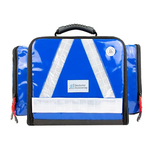 Blaue und geschlossene Notfalltasche mit schwarzem Griff. 