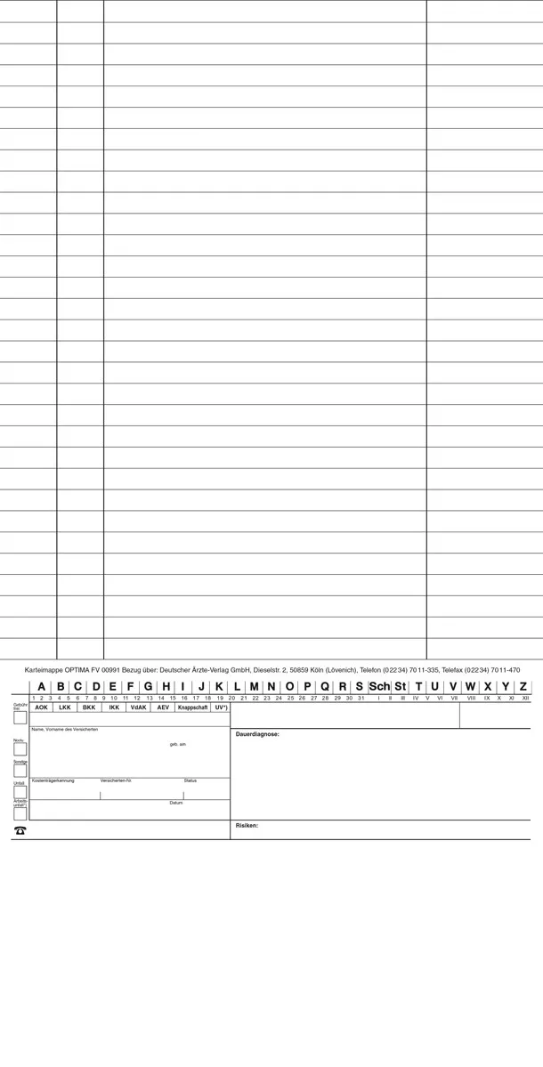 Zweiseitig bedruckte Karteimappe mit robustem Material, ausgestattet mit einer Alphabetleiste und Personalienfeld für die eKG, leicht beschreibbar und ideal für die Organisation in Arztpraxen.