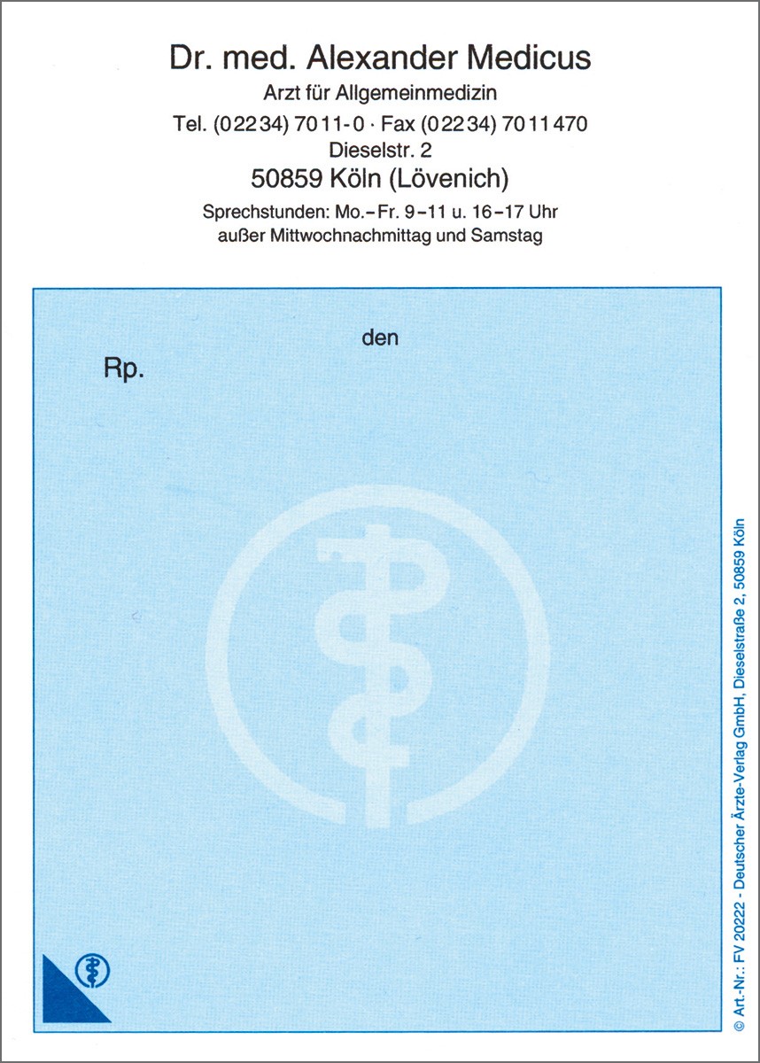 Die Privatrezepte der Serie Blau im Format DIN A6 hoch sind praktische Abreißblöcke mit einem ansprechenden Farbverlauf. Sie sind einseitig, zweifarbig in Blau und Schwarz bedruckt und beinhalten Informationen der Arztpraxis.