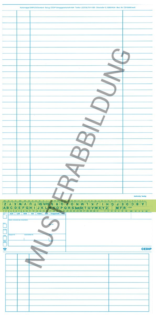 SIMPLEX Karteikarte Standard Allgemein in grün zur optimalen Patientendokumentation. Diese ungefalzte Karteikarte im Format DIN A5 ist zweimal genutet, um das Falten zu erleichtern, und wird in einer Verpackungseinheit von 250 Stück geliefert.