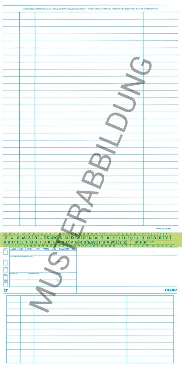 SIMPLEX Karteikarte Standard Allgemein in grün zur optimalen Patientendokumentation. Diese ungefalzte Karteikarte im Format DIN A5 ist zweimal genutet, um das Falten zu erleichtern, und wird in einer Verpackungseinheit von 250 Stück geliefert.