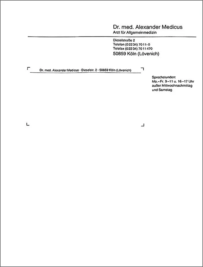 Die klassischen, weißen Briefbögen im Format A5 hoch sind ideal für den Einsatz in Ihrer Praxis. Sie sind einseitig und einfarbig schwarz bedruckt und enthalten die Informationen: Titel, Fachrichtung, Telefon/Telefax, Anschrift, PLZ/Ort und Sprechstunden.