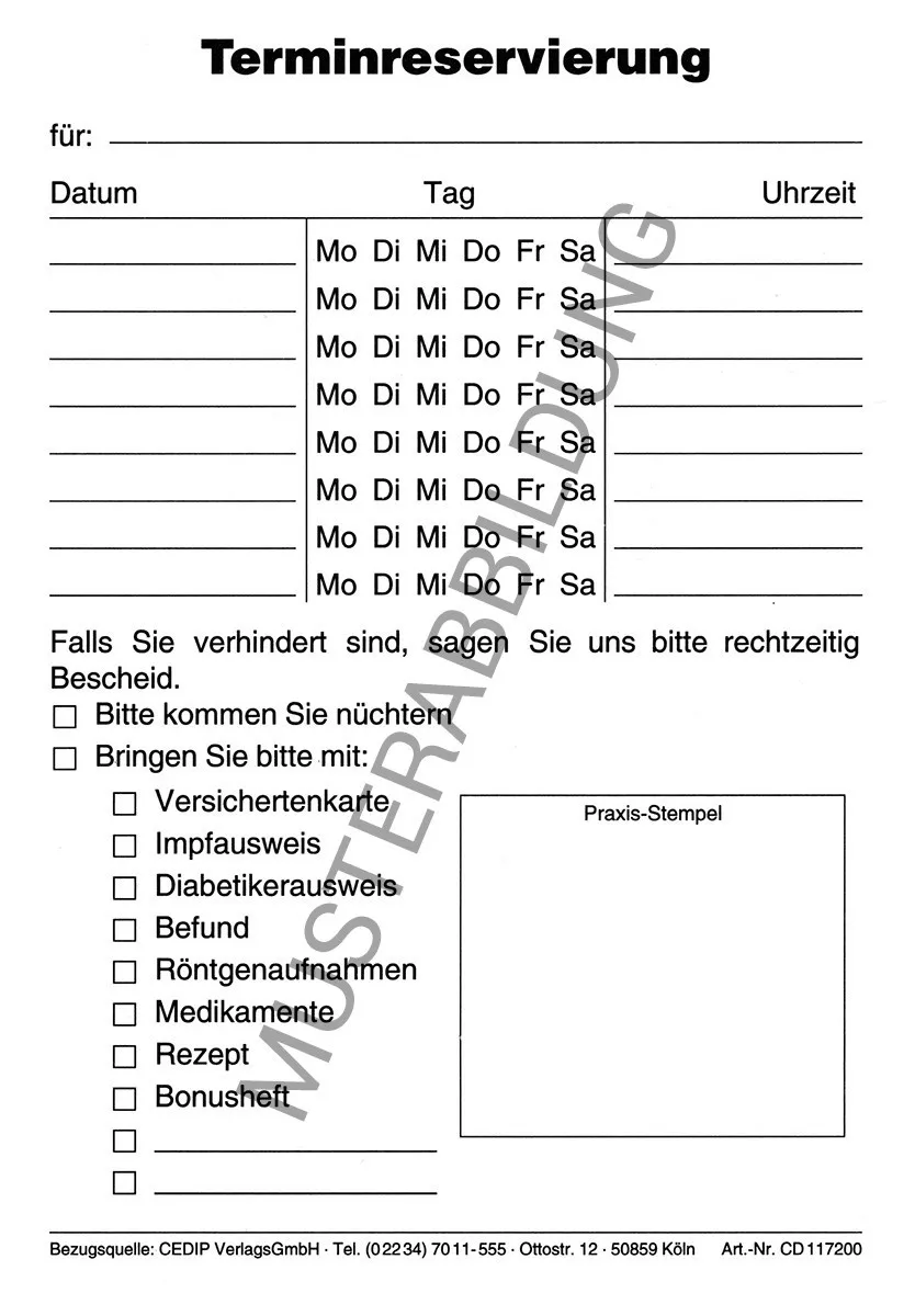 Praktischer Terminblock im DIN A6 Format zur einfachen Reservierung von Terminen. Zusätzlich bietet der Block Infofelder, um fehlende Dokumente zu notieren. Die Blätter sind einseitig bedruckt und am Kopf geleimt. 