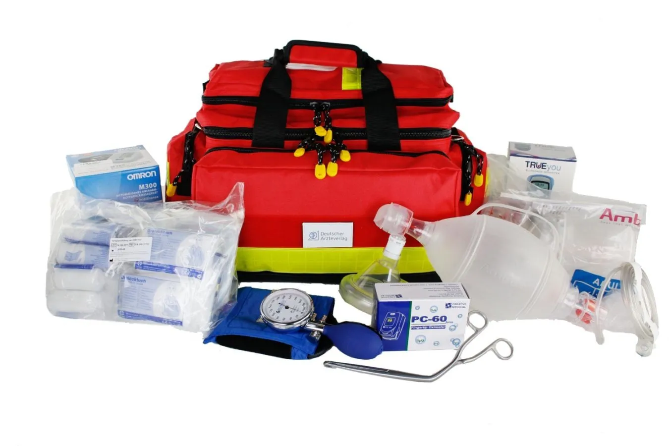 Defibrillator Set mit roter Tasche.