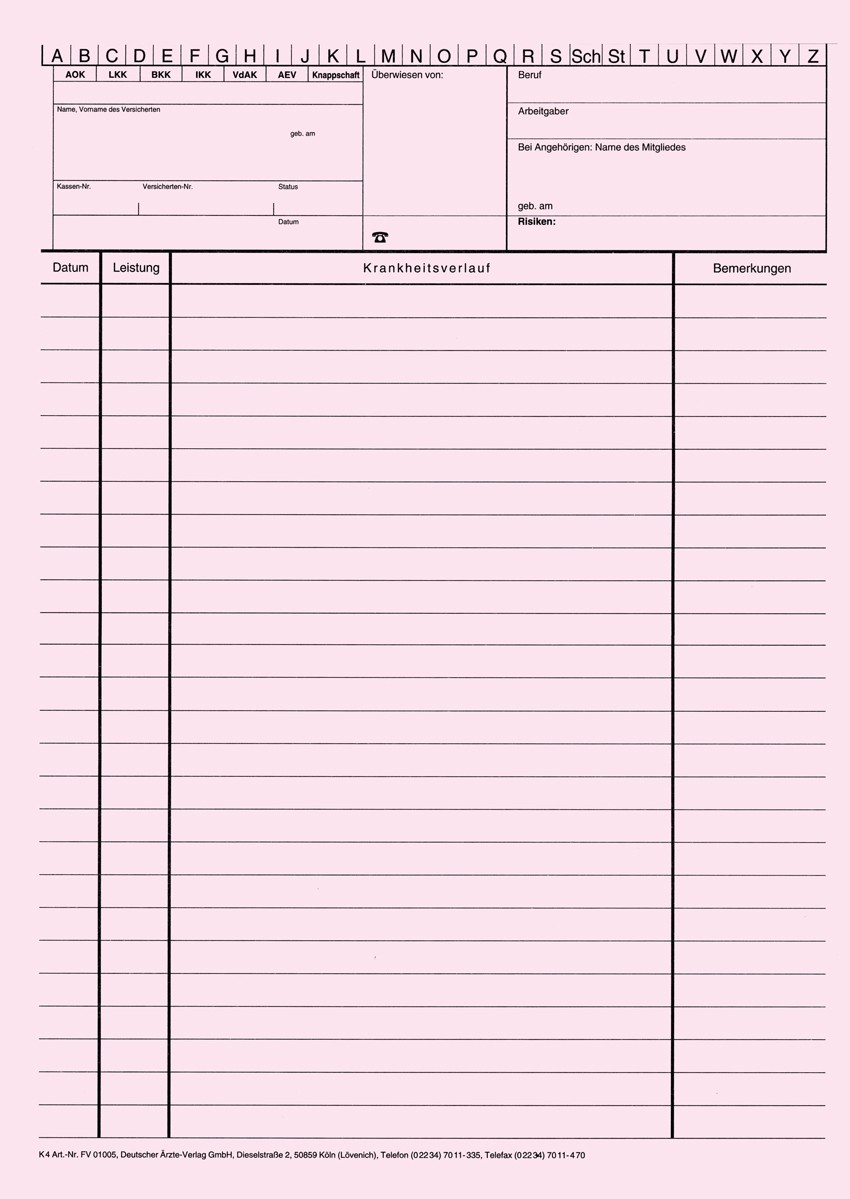 Zweiseitig bedruckte Karteimappe mit Alphabetleiste und Personalienfeld in rosa für die eGK, im offenen Format 21 x 28,9 cm, mit vorgefalzter Linie zum einfachen Falten, ideal für die Organisation in Arztpraxen.