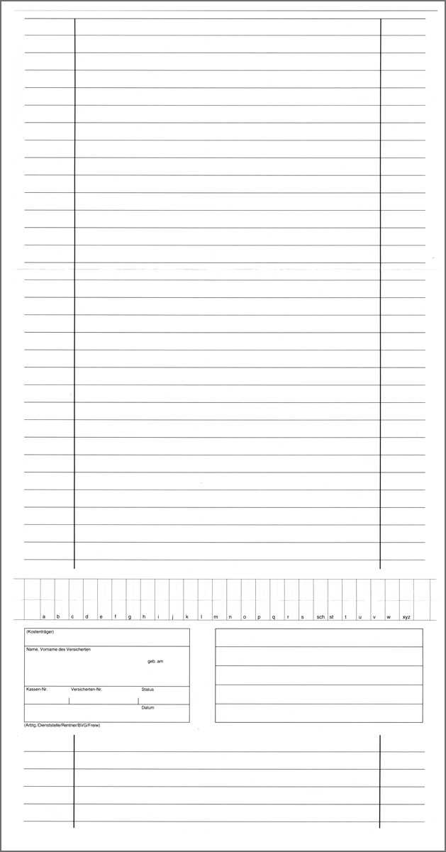 Stabile, zweiseitig bedruckte Karteimappe KM77 im offenen Format von 21 x 40 cm, ideal zur Organisation in Arztpraxen. Mit zwei vorgefalzten Linien für einfaches Falten ins Endformat von 21 x 16 cm (DIN A5 Überformat).