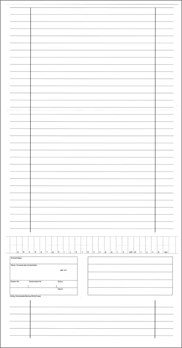 Stabile, zweiseitig bedruckte Karteimappe KM77 im offenen Format von 21 x 40 cm, ideal zur Organisation in Arztpraxen. Mit zwei vorgefalzten Linien für einfaches Falten ins Endformat von 21 x 16 cm (DIN A5 Überformat).