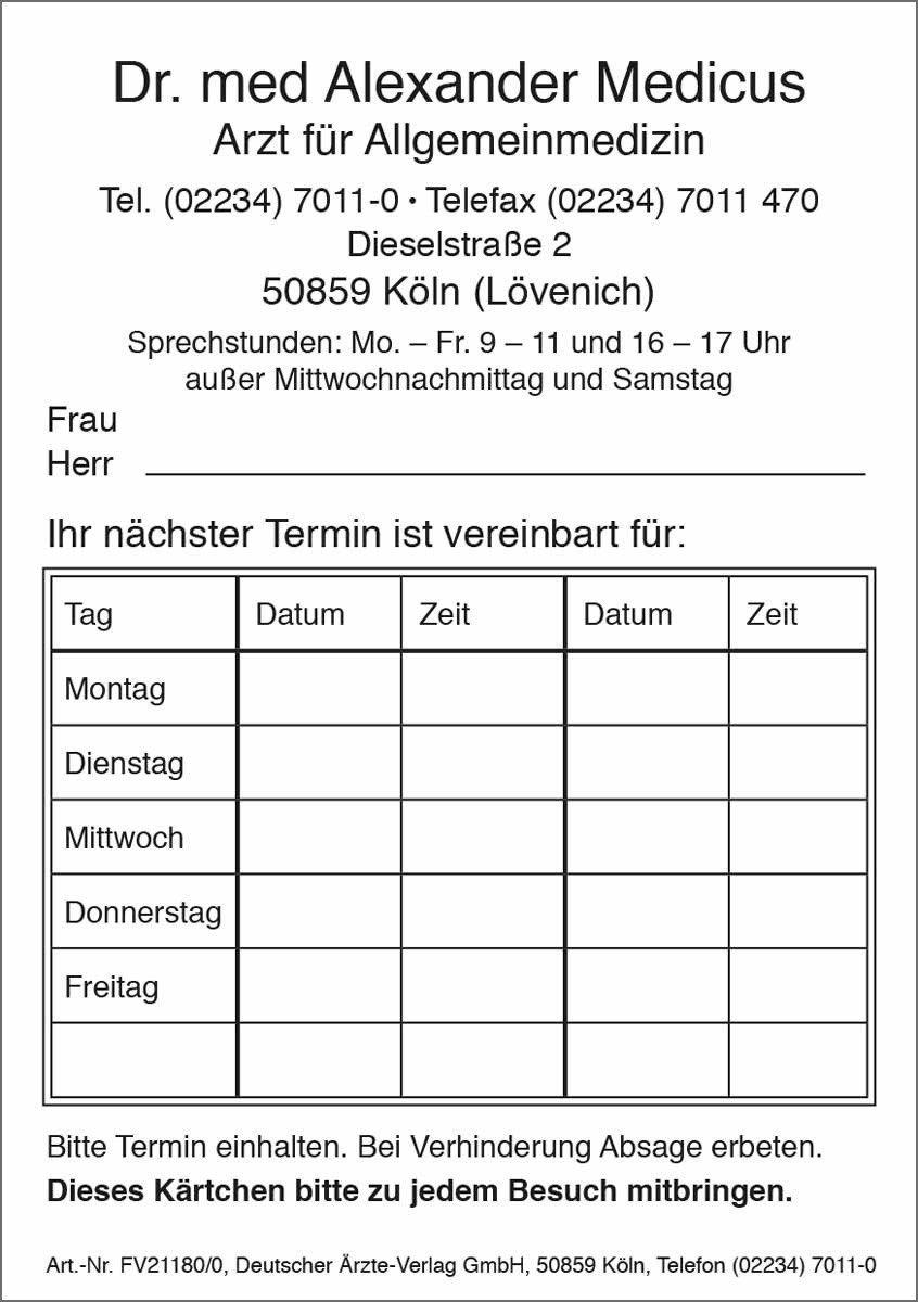 Behandlungs-/Terminkarte A7 (mit Aufdruck)