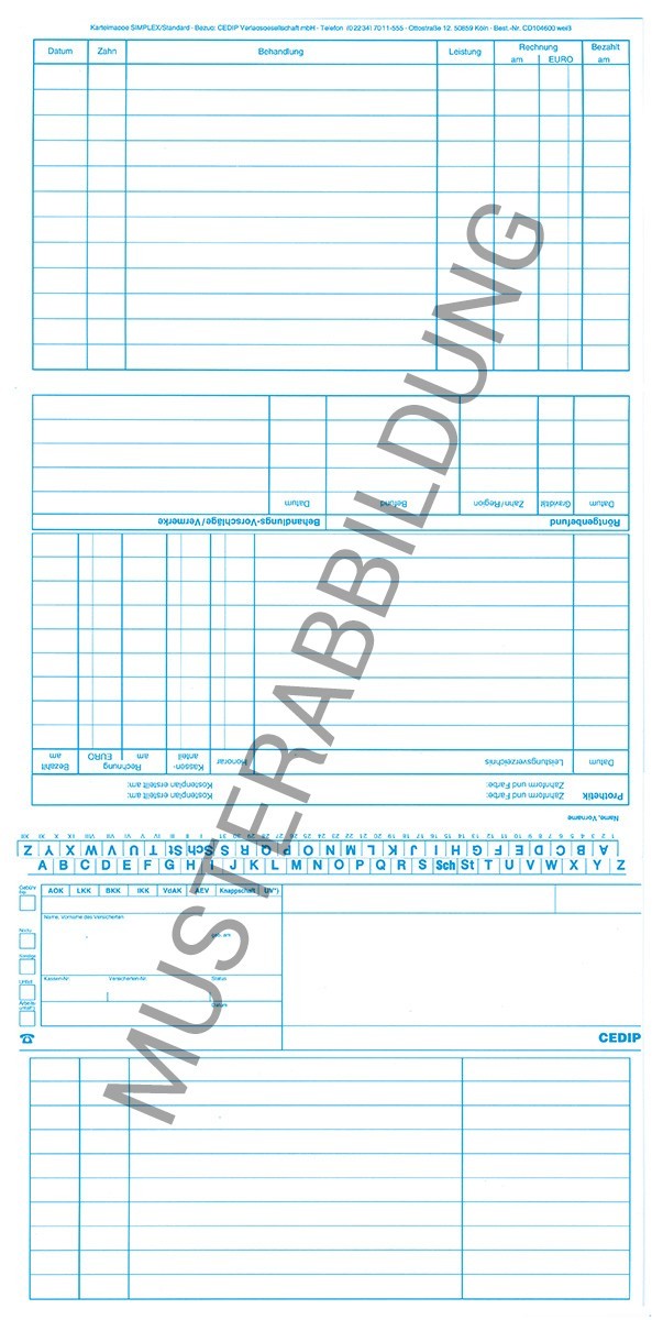 SIMPLEX Karteikarten für Zahnärzte im Format DIN A5, praktische ungefalzte Karten mit zwei Faltmarkierungen zur einfachen Handhabung. Ideal für die Patientendokumentation, erhältlich in einer Verpackungseinheit von 250 Stück.
