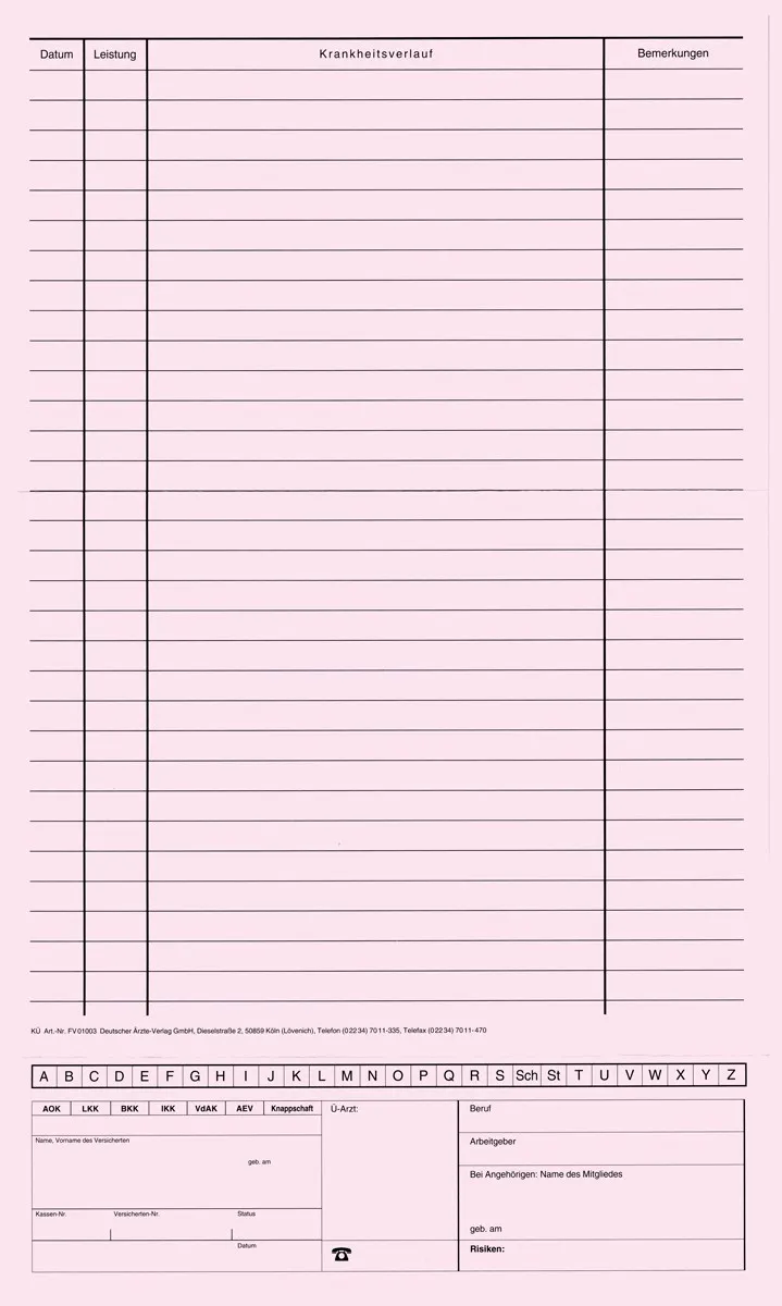 Karteimappe mit Alphabetleiste und Personalienfeld in rosa für die eGK, im offenen Format 21 x 36 cm, ideal zur Organisation von Patientendaten in Arztpraxen.