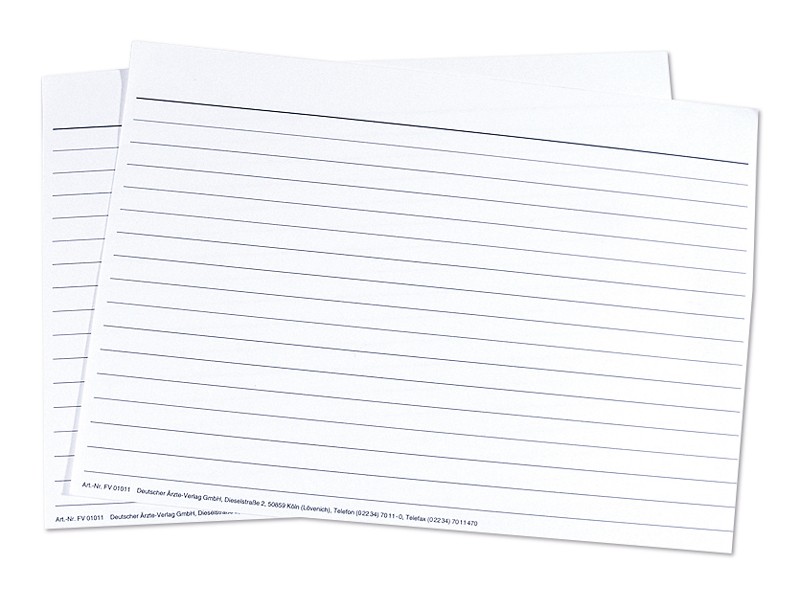 Weiße, beidseitig linierte Karteikarten im Format DIN A5, perfekt für die Organisation von Notizen in Arztpraxen. Mit liniertem Vorder- und Rückseite für klare Eintragungen und Informationen.
