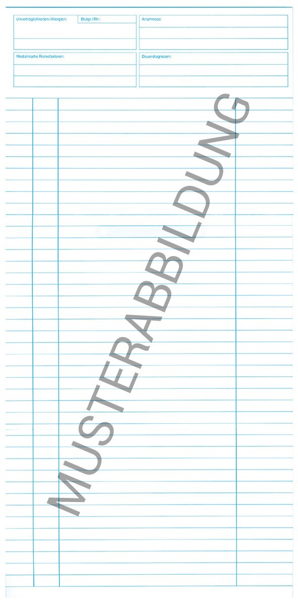 SIMPLEX Karteikarte Standard Allgemein zur optimalen Patientendokumentation. Diese ungefalzte Karteikarte im Format DIN A5 ist zweimal genutet, um das Falten zu erleichtern, und wird in einer Verpackungseinheit von 250 Stück geliefert.