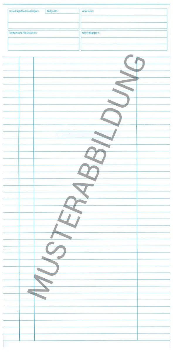 SIMPLEX Karteikarte Standard Allgemein zur optimalen Patientendokumentation. Diese ungefalzte Karteikarte im Format DIN A5 ist zweimal genutet, um das Falten zu erleichtern, und wird in einer Verpackungseinheit von 250 Stück geliefert.