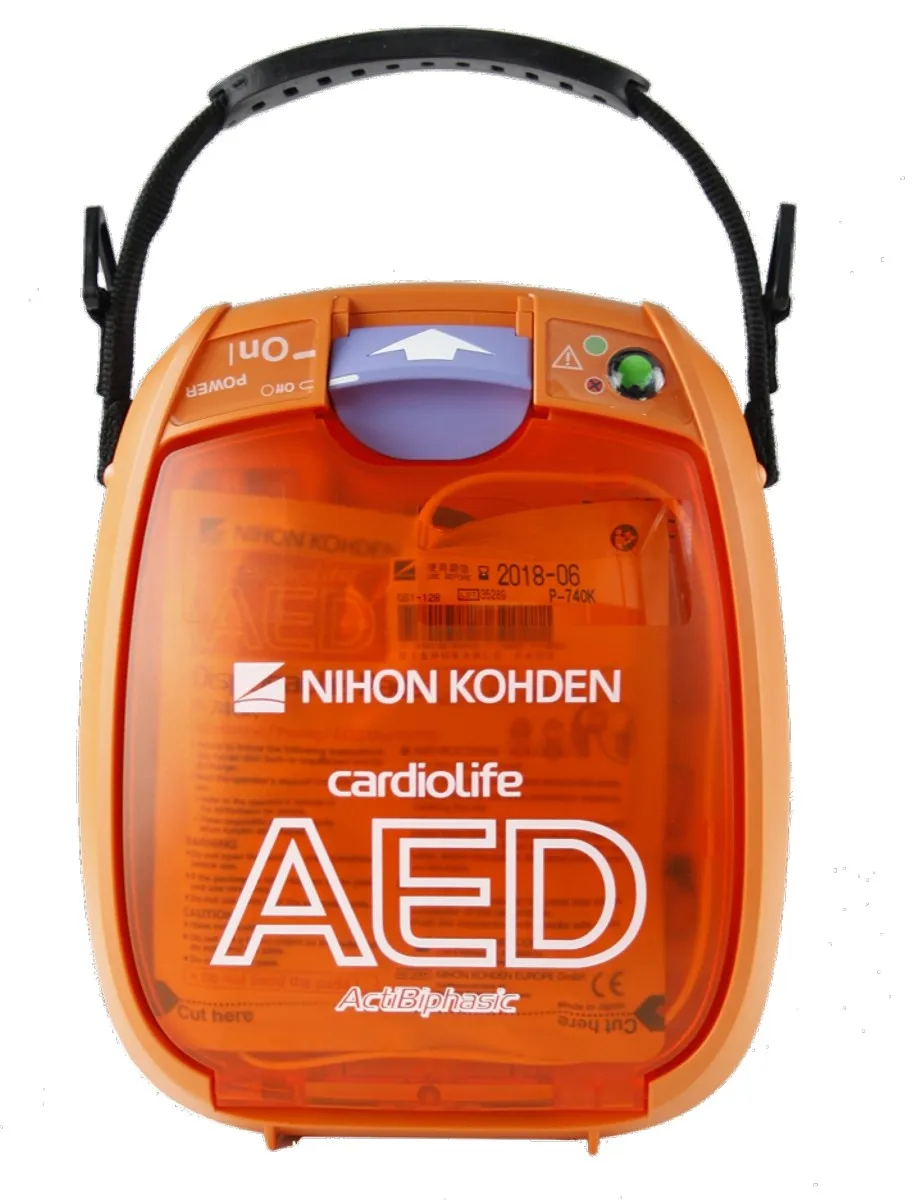 Orangener Defibrillator von der Vorderseite.