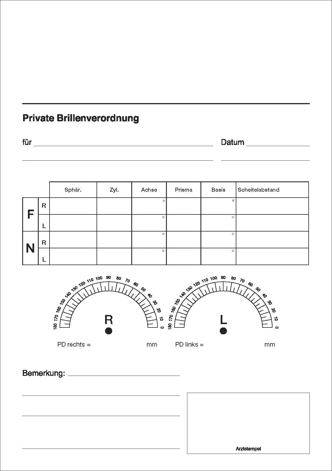 Die Privat-Brillenrezepte im Format DIN A5 hoch sind als praktischer Abreißblock gestaltet und bieten einen Vordruck für eine einfache Handhabung. Jede Seite ist einseitig schwarz bedruckt und besteht aus hochwertigem 80 g Qualitätspapier in Weiß.