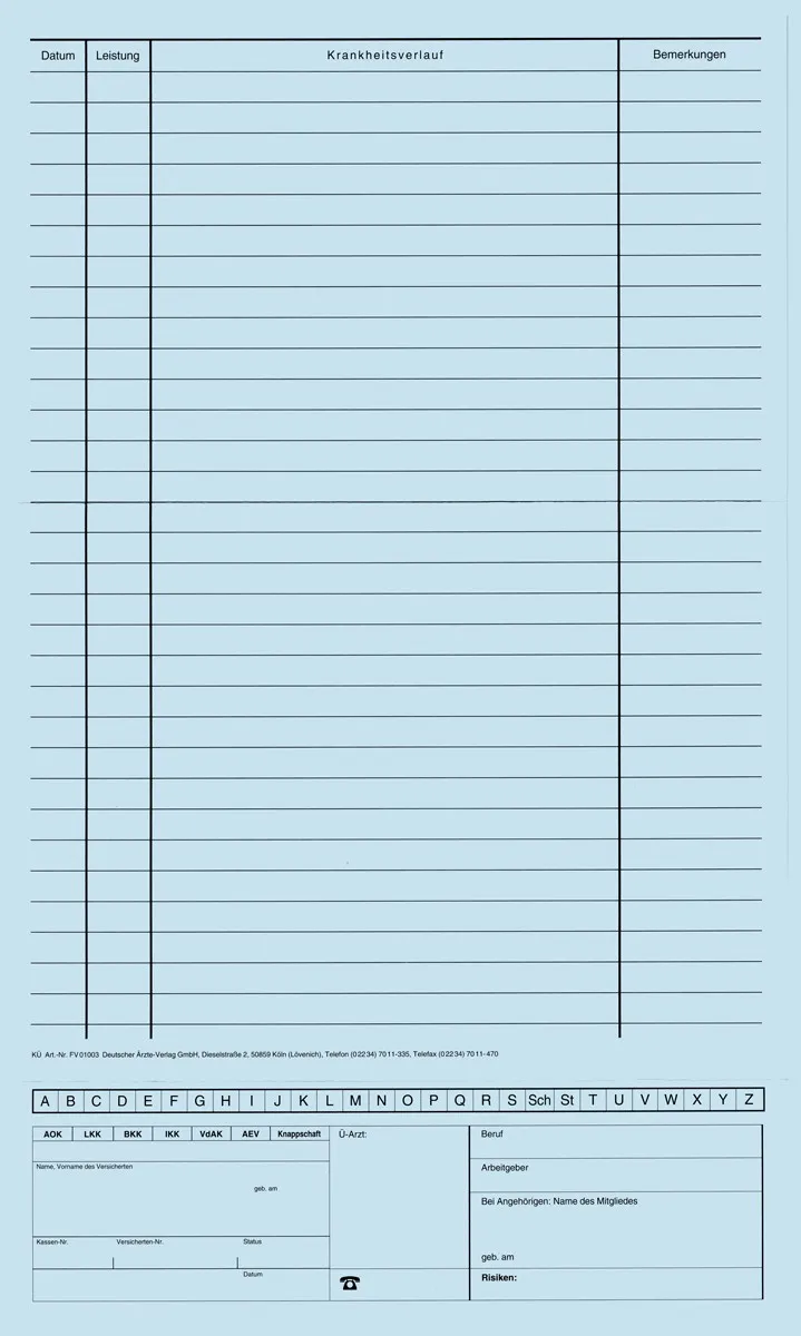 Karteimappe mit Alphabetleiste und Personalienfeld in blau für die eGK, im offenen Format 21 x 36 cm, ideal zur Organisation von Patientendaten in Arztpraxen.