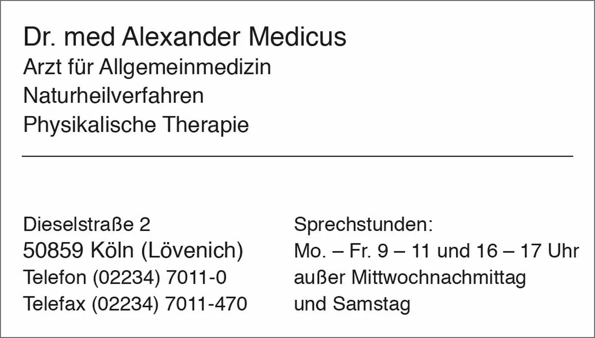 Die Visitenkarte im praktischen Scheckkartenformat ist ideal für den professionellen Auftritt Ihrer Praxis. Sie ist einseitig bedruckt und bietet auf Wunsch die Möglichkeit, Ihr individuelles Praxislogo und Praxisinformationen einzufügen.