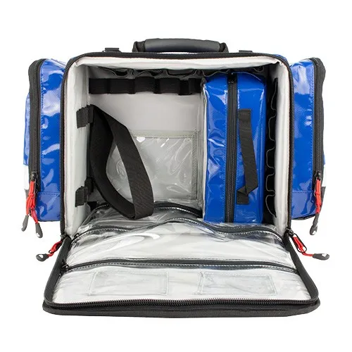 Blaue und geöffnete Notfalltasche mit schwarzem Griff. 