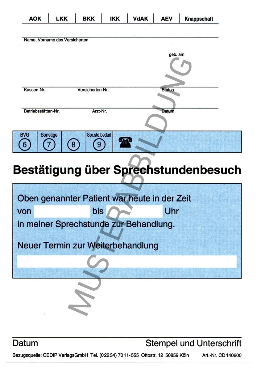 Die Bestätigung für Sprechstundenbesuche, aus holzfreiem Papier, bietet eine praktische Möglichkeit, Termine zu dokumentieren. Im handlichen DIN A6 Format, einseitig bedruckt, eignet sie sich ideal für den täglichen Praxisgebrauch.