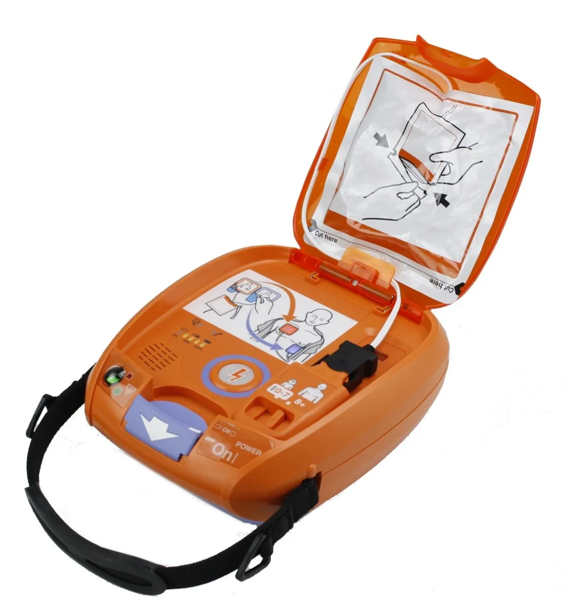 Orangener und geöffneter Defibrillator von der Vorderseite mit Einweisungen auf der Innenseite.