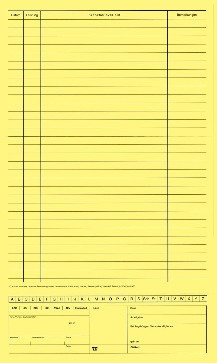 Karteimappe mit Alphabetleiste und Personalienfeld in gelb für die eGK, im offenen Format 21 x 36 cm, ideal zur Organisation von Patientendaten in Arztpraxen.