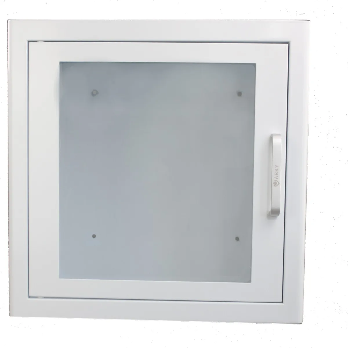 Metallschrank mit großem Sichtfenster in weiß und pulverbeschichtet.
