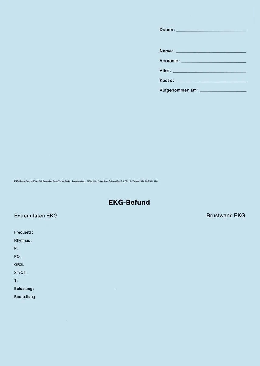 Karteimappen in blau zur systematischen Dokumentation von EKG-Untersuchungen, im Endformat DIN A5 (21 x 14,8 cm), einseitig bedruckt und mit einer vorgefalzten Linie für einfache Handhabung in Arztpraxen.