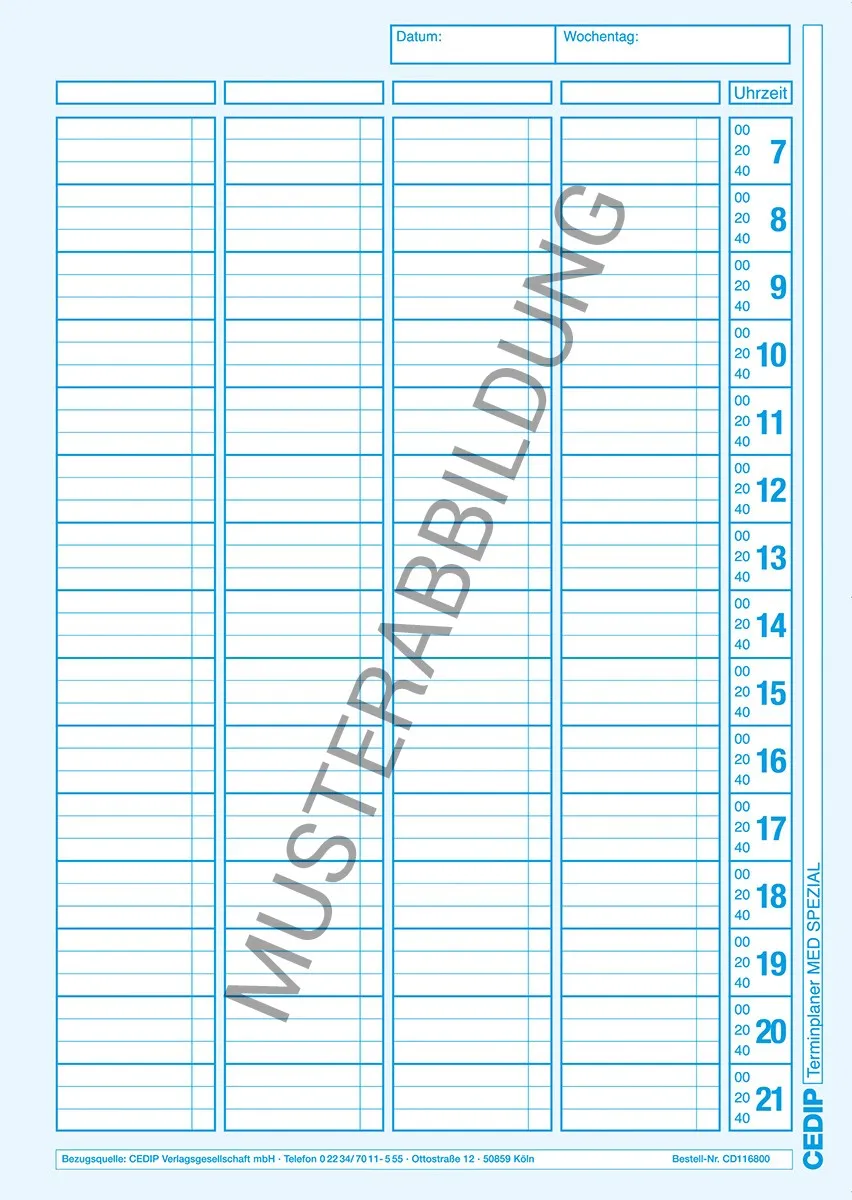 Datumsneutraler Terminplaner Med System als Ringbuch-Set. Der gesamte Tag wird auf einer Seite abgebildet mit 4 Behandlungsspalten pro Tag und einem 15-Minuten-Takt. Offenes Format: 51 x 30 cm. Das Set besteht aus 150 Einlegeblättern und einem Ringbuch.