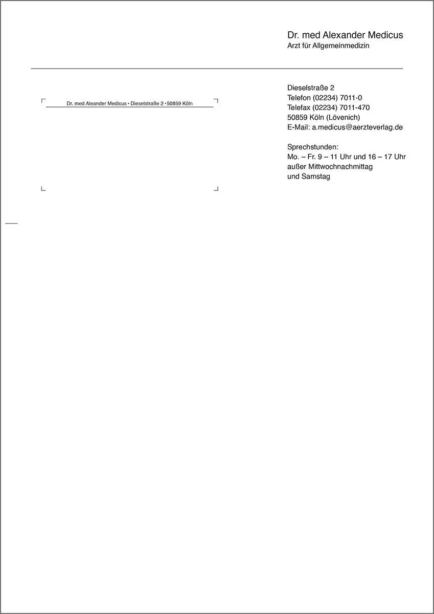 Die klassischen, weißen Briefbögen im Format A4 hoch sind ideal für den Einsatz in Ihrer Praxis. Sie sind einseitig und einfarbig schwarz bedruckt und enthalten die Informationen: Titel, Fachrichtung, Telefon/Telefax, Anschrift, PLZ/Ort und Sprechstunden.