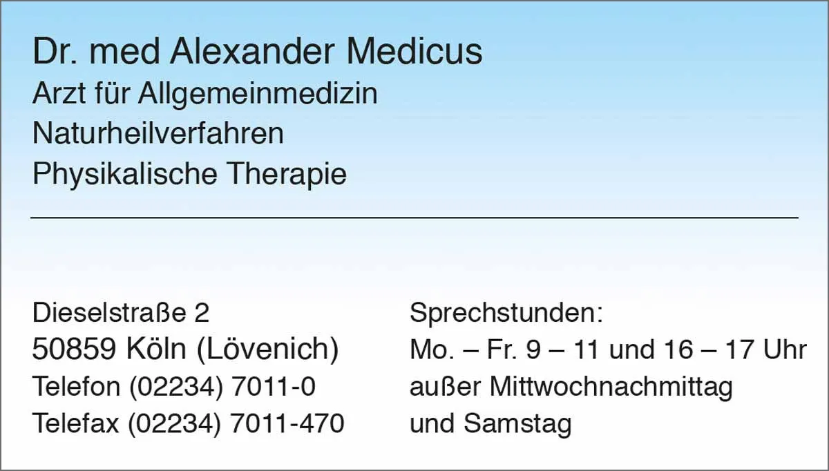 Die Visitenkarte der Serie Blau im praktischen Scheckkartenformat ist ein ansprechendes Werbemittel für Ihre Praxis mit sämtlichen Informationen. Sie ist einseitig bedruckt und kann auf Wunsch mit Ihrem individuellen Praxislogo versehen werden.