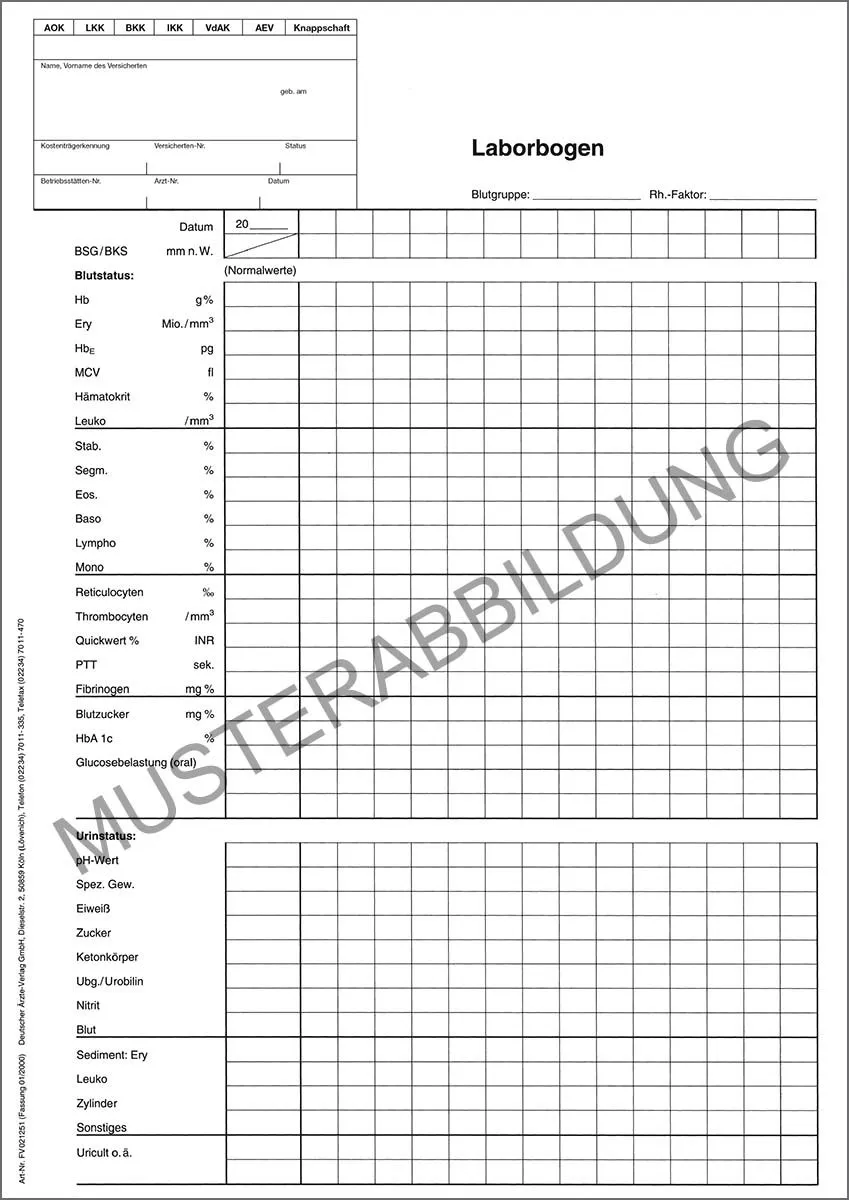 Zweiseitig bedruckter Laborbogen im Format DIN A4 hoch, ideal für die übersichtliche Dokumentation von Laborbefunden. Aus 80 g weißem Papier, in einer Verpackungseinheit von 500 Bogen, perfekt für den Einsatz in Arztpraxen.
