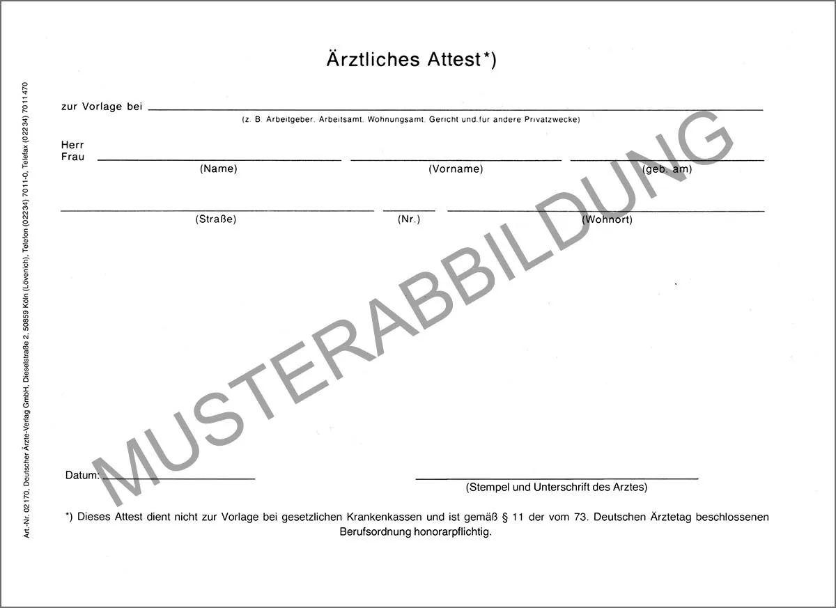 Ärztliches Attest im Format DIN A5 quer, einseitig bedruckt, zur schriftlichen Bescheinigung des Nachweises einer Krankheit. Hergestellt aus 80 g weißem Papier, in einer Verpackungseinheit von 500 Attesten, ideal für den Einsatz in Arztpraxen.