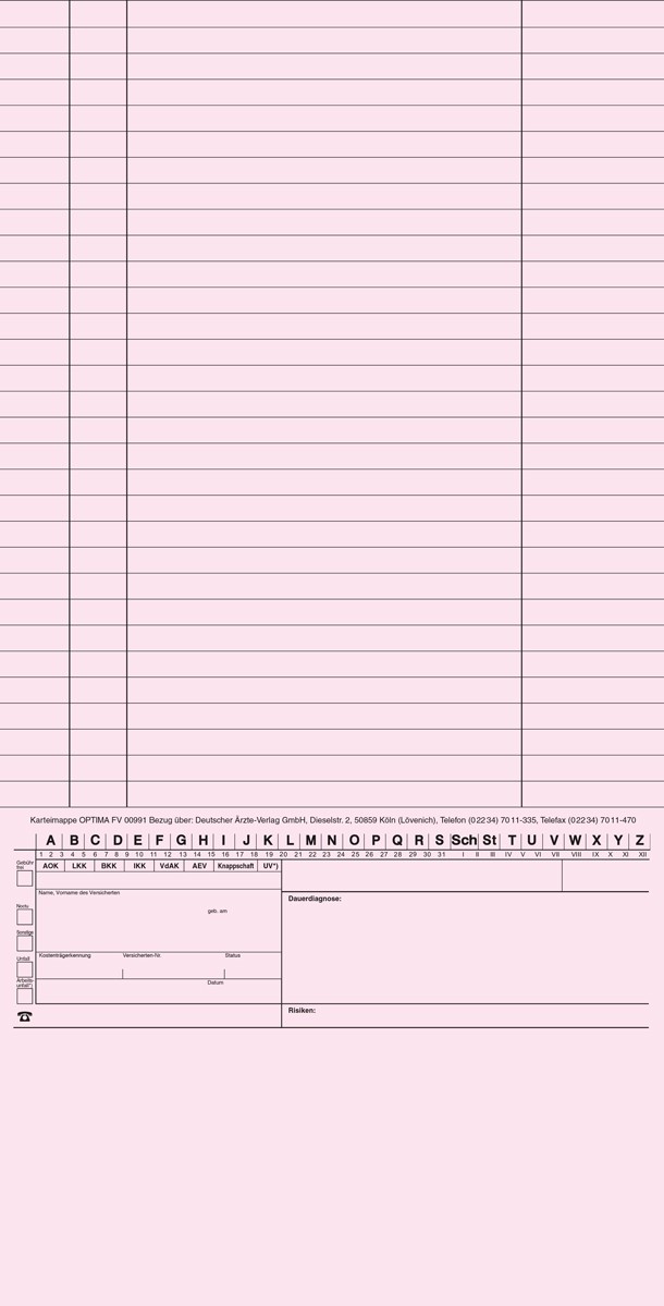 Offene Karteimappe in rosa, strukturiert für die Organisation von Patientendaten in Arztpraxen, enthält Felder für Krankenkassenangaben, Überweisungen und Befunde sowie Platz für Notizen.