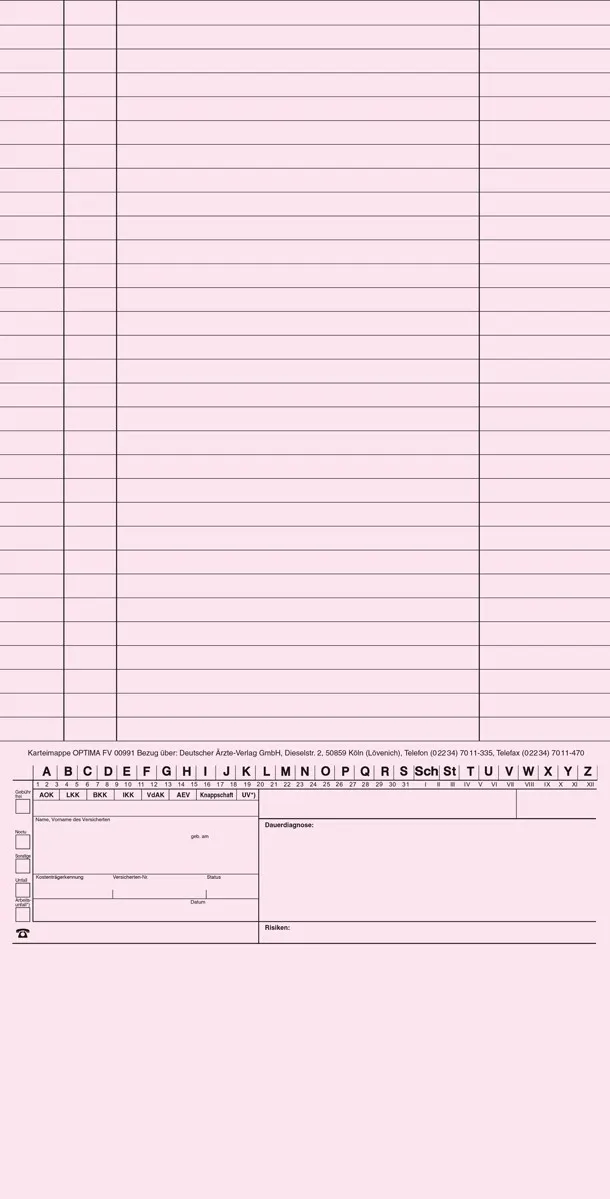Offene Karteimappe in rosa, strukturiert für die Organisation von Patientendaten in Arztpraxen, enthält Felder für Krankenkassenangaben, Überweisungen und Befunde sowie Platz für Notizen.