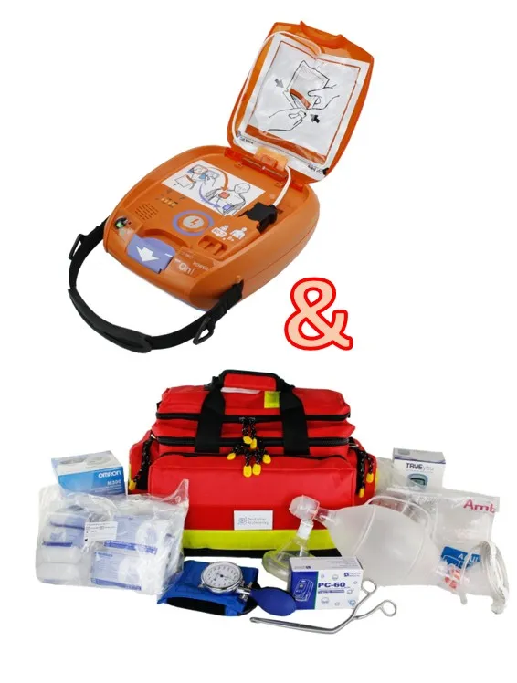 Defibrillator Set mit roter Tasche.