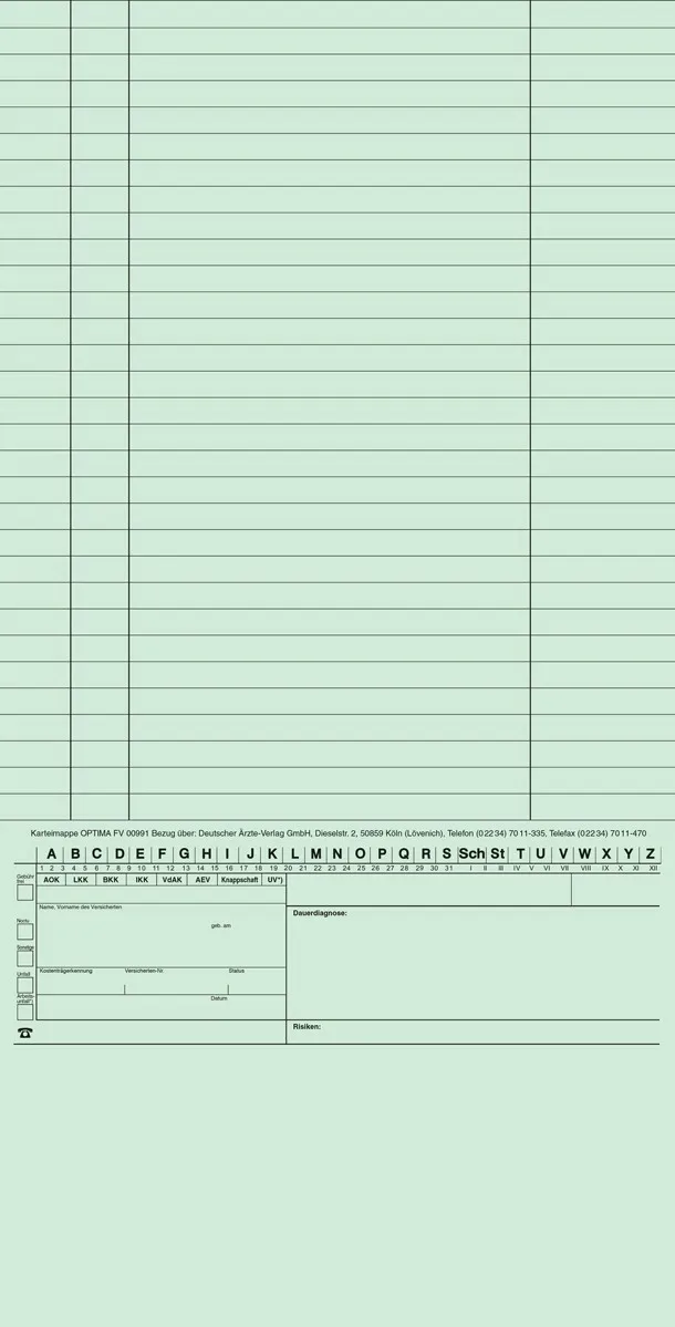 Offene Karteimappe in grün, strukturiert für die Organisation von Patientendaten in Arztpraxen, enthält Felder für Krankenkassenangaben, Überweisungen und Befunde sowie Platz für Notizen.