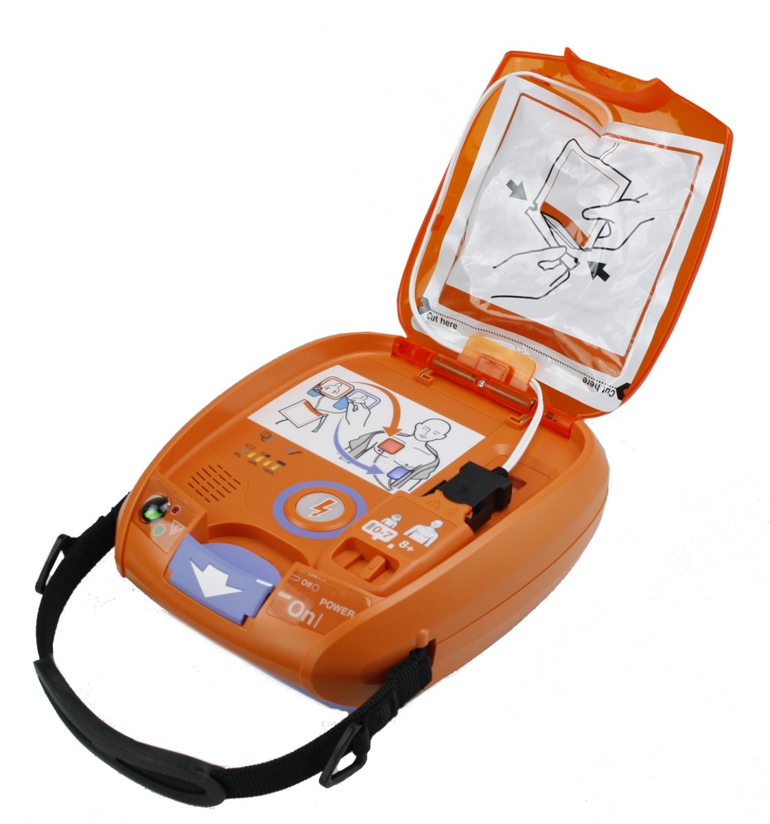 Geöffneter orangener Defibrillator mit schwarzem Griff von der Vorderseite.
