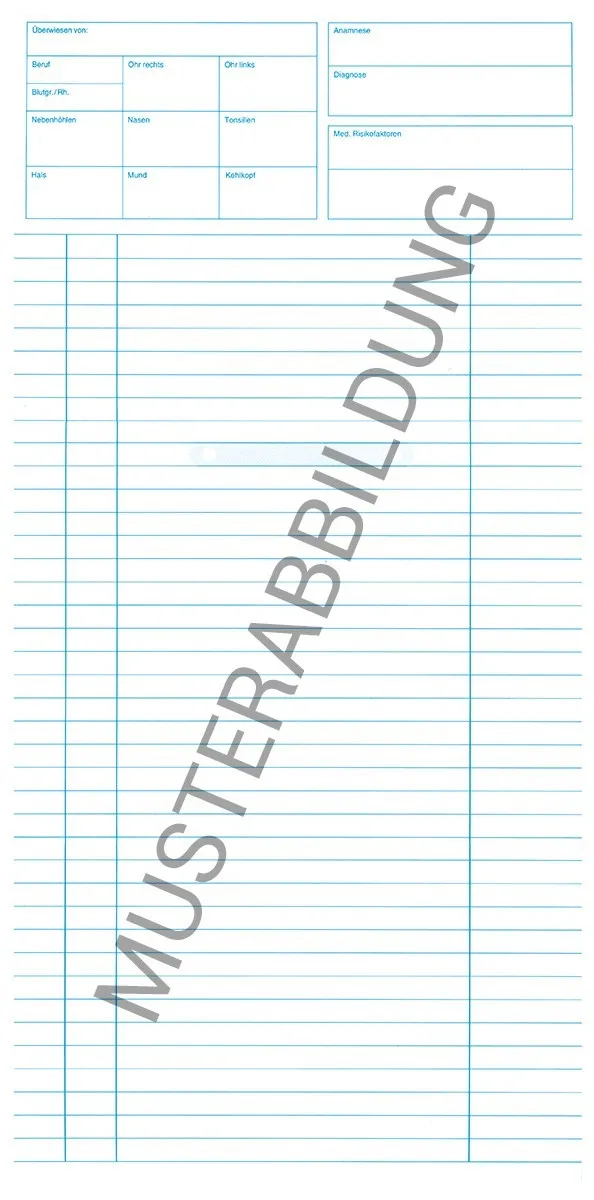 Die Simplex Karteikarten für HNO bieten eine praktische Lösung zur Patientendokumentation in der urologischen Praxis mit vielen Spalten und Zeilen. Es gibt Felder für den Namen, die Adresse und weitere Details.