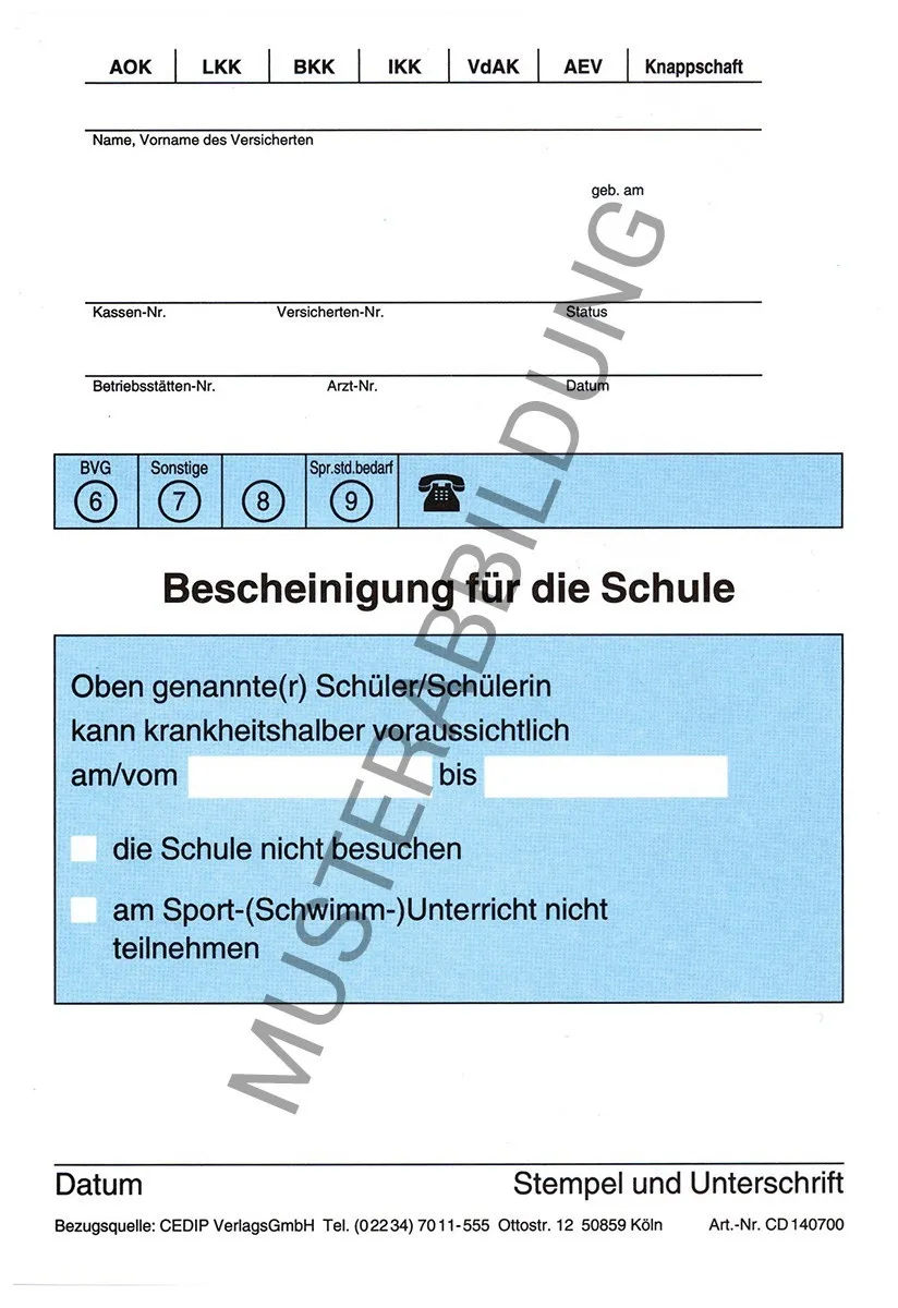 Die Bescheinigung für die Schule, aus holzfreiem Papier, ist eine kompakte Lösung zur Dokumentation von Terminen. Sie ist im handlichen DIN A6 Format und einseitig bedruckt.