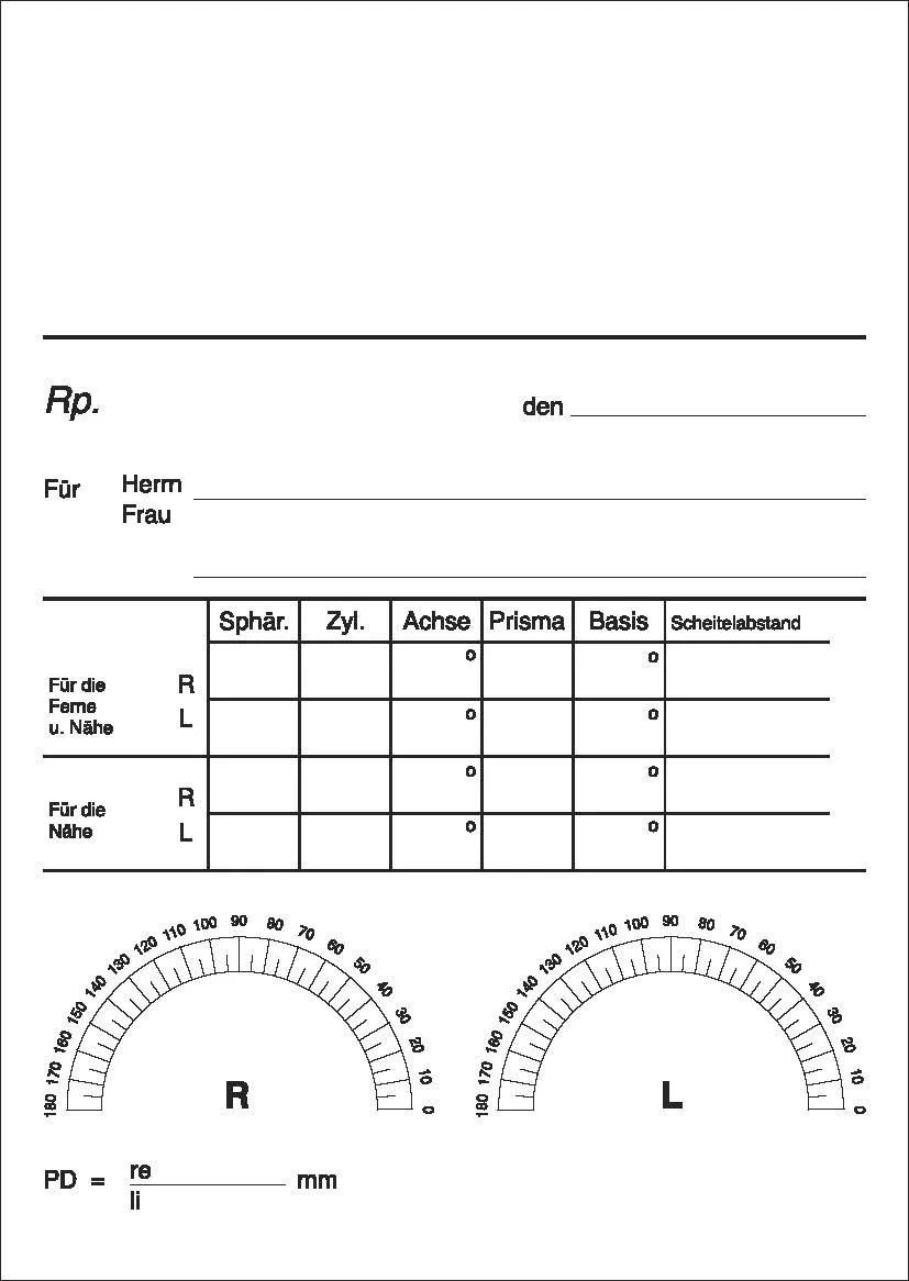 Die Privat-Brillenrezepte im Format DIN A6 hoch sind als praktischer Abreißblock gestaltet und bieten einen Vordruck für eine einfache Handhabung. Jede Seite ist einseitig schwarz bedruckt und besteht aus hochwertigem 80 g Qualitätspapier in Weiß.