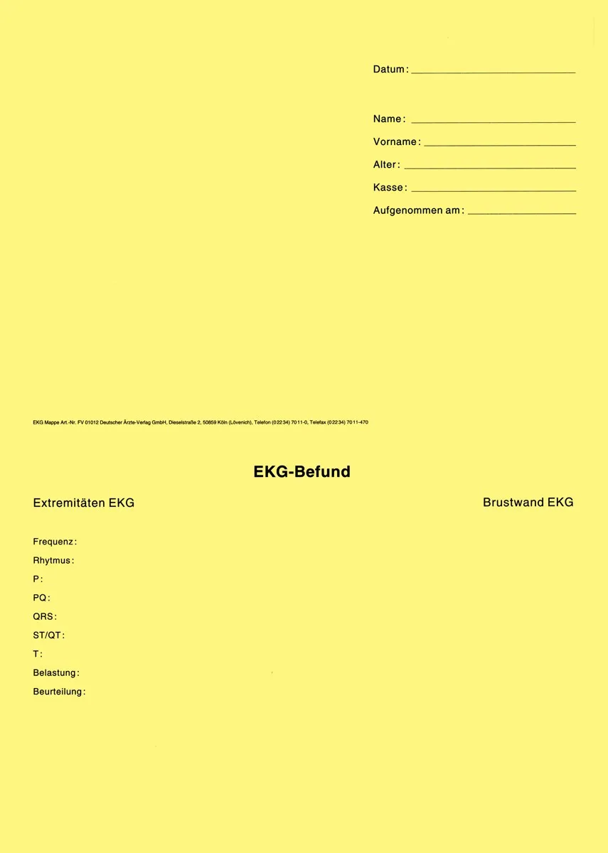 Karteimappen in gelb zur systematischen Dokumentation von EKG-Untersuchungen, im Endformat DIN A5 (21 x 14,8 cm), einseitig bedruckt und mit einer vorgefalzten Linie für einfache Handhabung in Arztpraxen.