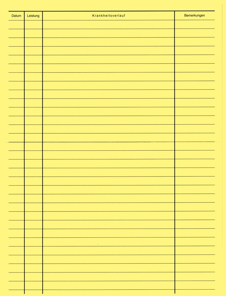 Beidseitig bedruckter Einlegebogen in gelb für Karteimappen mit wichtigen HNO-Basisdaten, im Format 21 x 29 cm (DIN A4), aus 80 g holzfreiem Papier, ideal zur Erweiterung von Karteimappen und sehr gut beschreibbar.