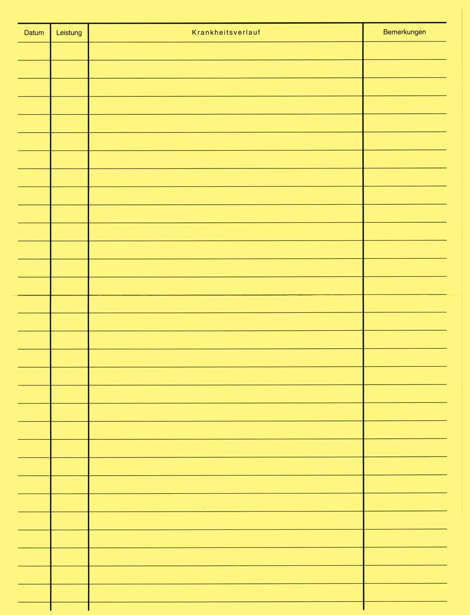 Beidseitig bedruckter Einlegebogen in gelb für Karteimappen mit wichtigen HNO-Basisdaten, im Format 21 x 29 cm (DIN A4), aus 80 g holzfreiem Papier, ideal zur Erweiterung von Karteimappen und sehr gut beschreibbar.