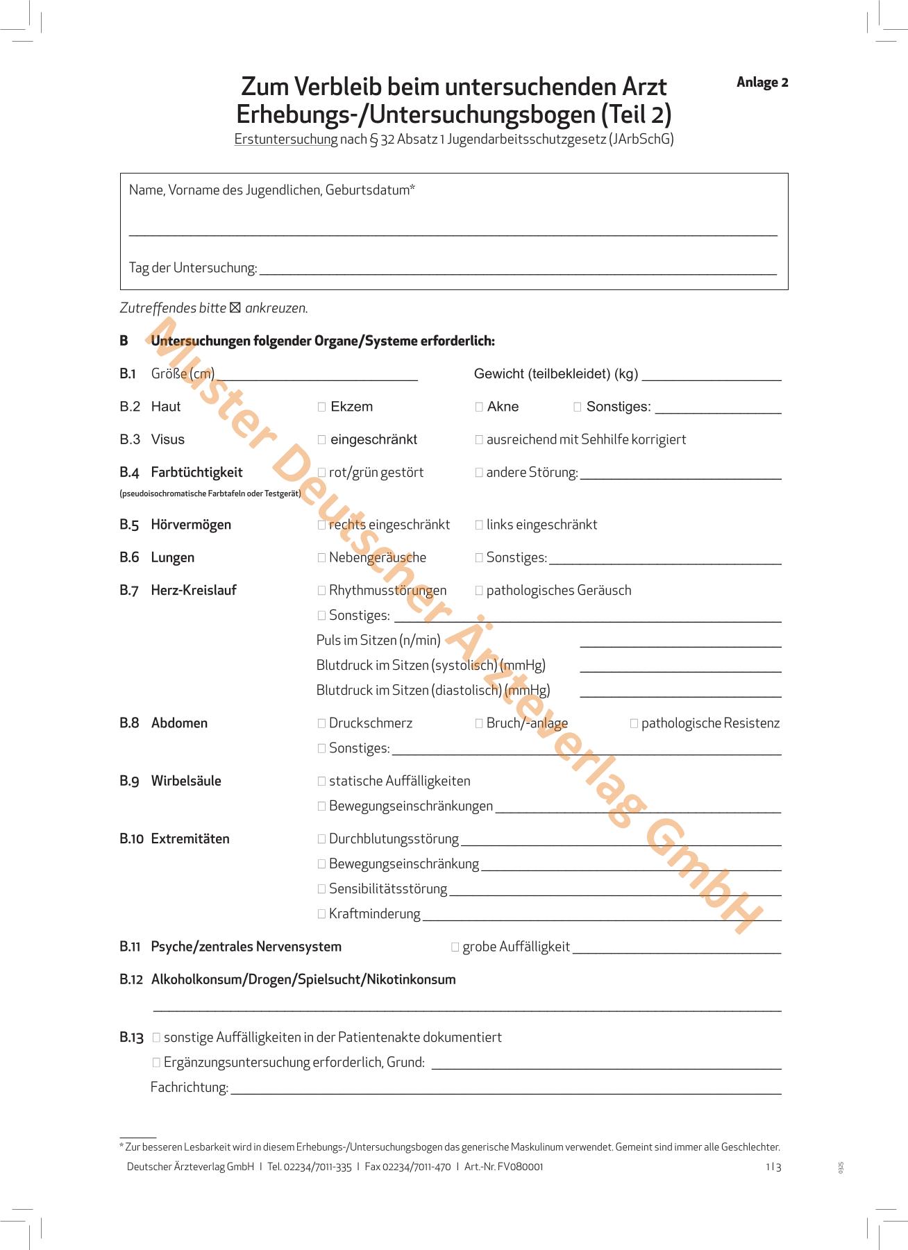 JArbSchG Erstuntersuchung (Block für 25 Untersuchungen)