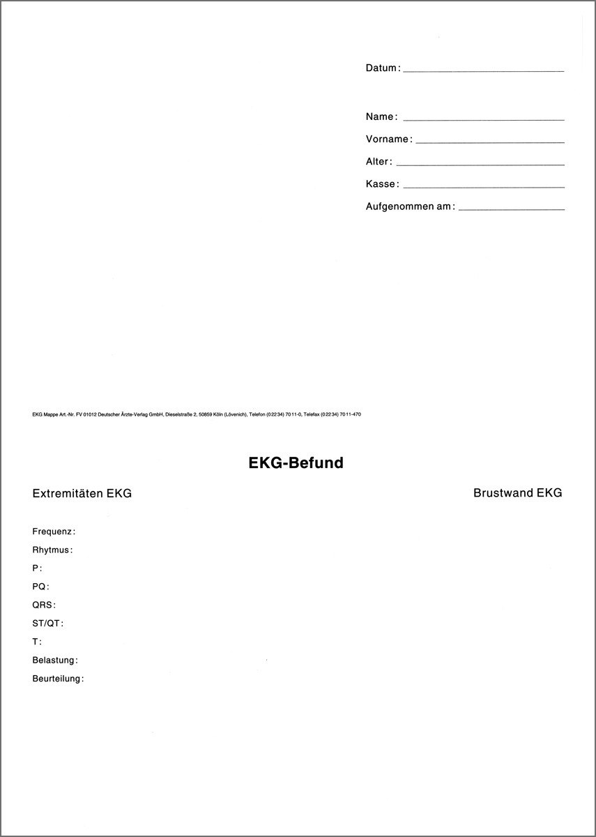Karteimappen zur systematischen Dokumentation von EKG-Untersuchungen, im Endformat DIN A5 (21 x 14,8 cm), einseitig bedruckt und mit einer vorgefalzten Linie für einfache Handhabung in Arztpraxen.