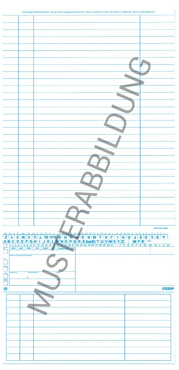 Die Simplex Karteikarten für HNO bieten eine praktische Lösung zur Patientendokumentation in der urologischen Praxis mit vielen Spalten und Zeilen. Es gibt Felder für den Namen, die Adresse und weitere Details.